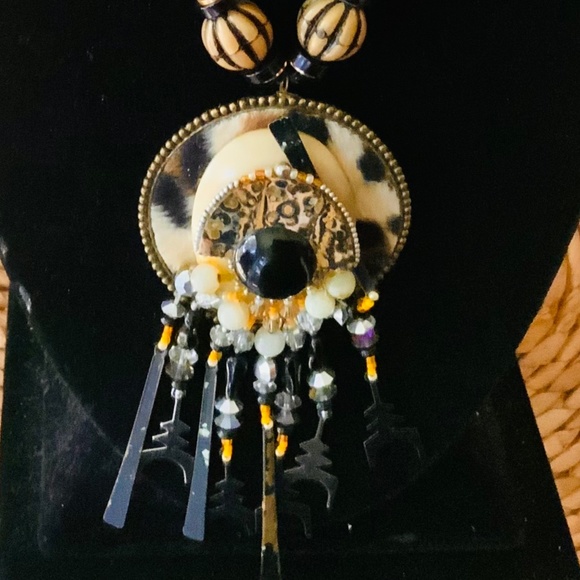 HANDMADE VINTAGE PENDANT STATEMENT NECKLACE Onyx/LEOPARD STONE VINTAGE BRASS - Picture 9 of 11